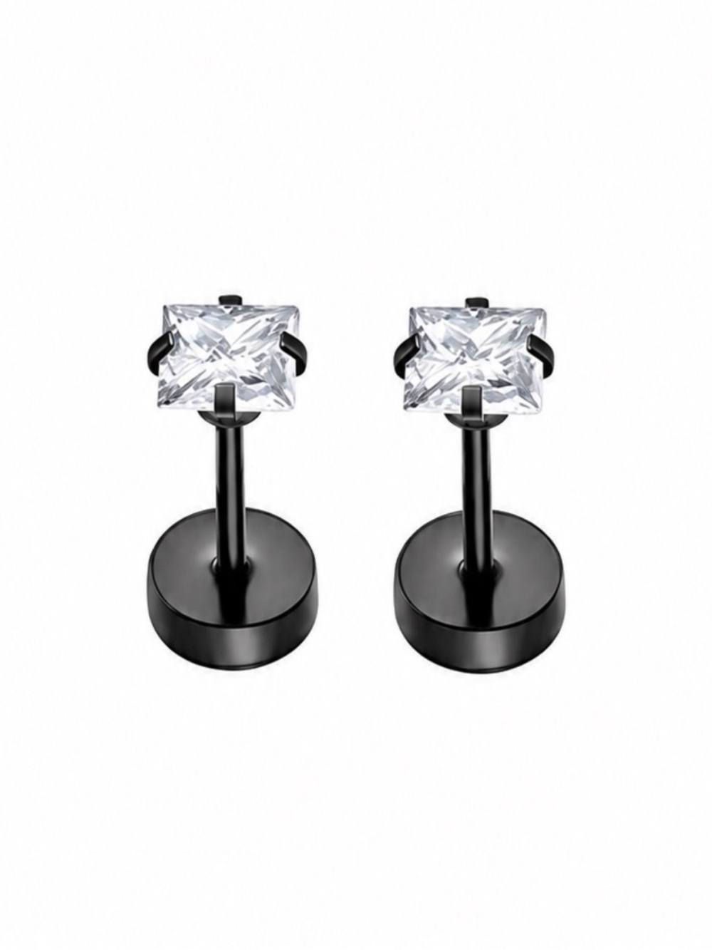 Black Stainless Steel Square CZ Flat Back Stud Earrings 4mm 20G